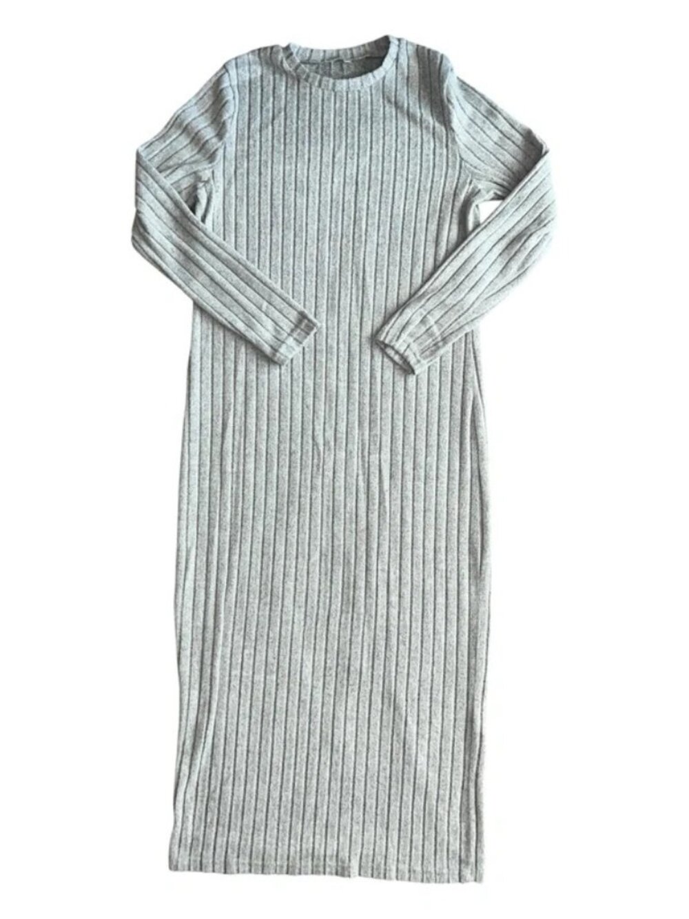 Gray Ribbed Knit Maxi Sweater Dress Crew Neck Long Sleeve Size Large